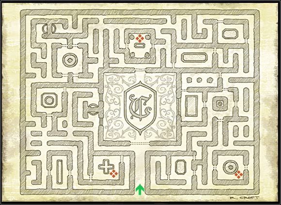 Mapa ogrodu w posiadłości Croftów z zaznaczonymi artefaktami. - Posiadłość Croftów (2) | Trening w Tomb Raider Anniversary - Tomb Raider: Anniversary - poradnik do gry