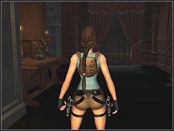 W hallu głównym wejdź po schodach na piętro po lewej i wejdź w drugie drzwi, na samym końcu piętra - Posiadłość Croftów (3) | Trening w Tomb Raider Anniversary - Tomb Raider: Anniversary - poradnik do gry