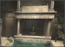 Wisząc na lince zaczepionej o ostatnią z obręczy rozbujaj się, a następnie daj susa na dach budowli nad zielonym posążkiem bożka - Poziom 10. Świątynia Khamoon (1) | Sekrety w Tomb Raider Anniversary - Tomb Raider: Anniversary - poradnik do gry