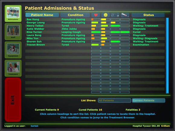 W tej zakładce znajdziecie wszystkich pacjentów, którzy odwiedzili szpital - Komputer | Podstawy Hospital Tycoon - Hospital Tycoon - poradnik do gry
