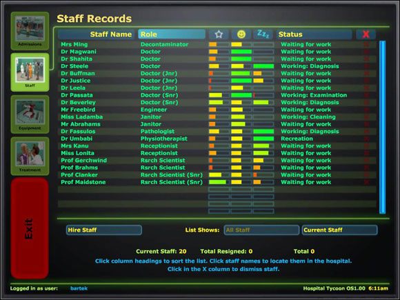 W tej zakładce będziecie mogli zwalniać (czerwony krzyżyk) i zatrudniać pracowników (Hire Staff) - Komputer | Podstawy Hospital Tycoon - Hospital Tycoon - poradnik do gry