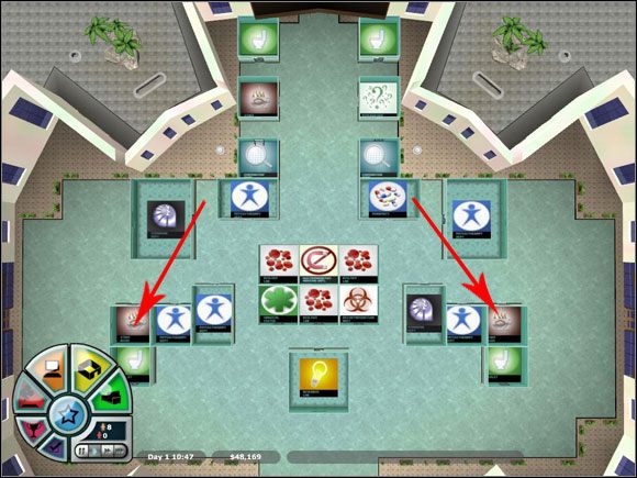 Aby podnieść satysfakcję pracowników (#1), zwróć szczególną uwagę na dwa pokoje personelu (Staff Room) zaznaczone na powyższym obrazku - Seria 3, Poziom 3 | Story mode w Hospital Tycoon - Hospital Tycoon - poradnik do gry