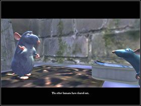 Chwyć stojącą na pudełku bombę #1 i podejdź z nią na koniec planszy pod zabitą deskami dziurę w ścianie #2 - Home Stink Home (3) | Solucja Ratatuj - Ratatuj - poradnik do gry