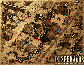 Zejdź po drabince i w odpowiedniej chwili zabij szeryfa patrolującego teren na dole rzucając mu nóż w plecy [PUNKT 1 NA MAPIE] - 12 - Escape from El Paso | Desperados Wanted Dead or Alive - Desperados: Wanted Dead or Alive - poradnik do gry