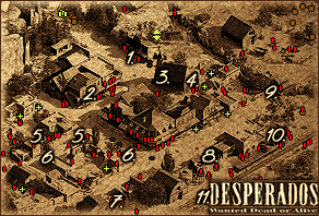 Powtórka z historii z tą różnicą, że tym razem na planszy toczy się regularna wojna ;) Na początek zajmiemy się grupką na płd-wsch [PUNKT 1 NA MAPIE] - 21 - Piggies in the Middle | Desperados Wanted Dead or Alive - Desperados: Wanted Dead or Alive - poradnik do gry