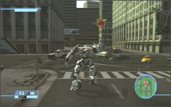 Gdy już będzie na ziemi, jedynym sposobem na zadanie mu niezłych obrażeń będzie rzucanie weń przedmiotami - The Last Stand - Misje | Kampania Autobotów | Transformers The Game - Transformers: The Game - poradnik do gry