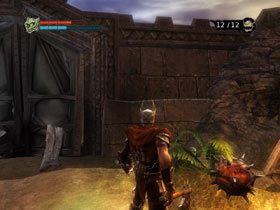 Podążając ścieżką w lewo, dojdziesz do teleportu i portali, a po prawej znajdziesz następne drzwi (#1), które musisz wysadzić tak samo, jak poprzednie - tylko, że tym razem potrzebne będą 4 miny - [Solucja Overlord] Locate the Statue of the Mother Goddes - cz. 2 - Overlord - poradnik do gry