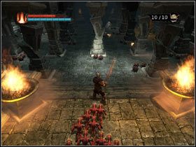 Musisz wysyłać po jednym chochliku do bomb na dole - niech je uruchamiają i wracają, a kolumny zawalą się na krasnoludy - [Solucja Overlord] Kill Goldo and his pet - cz. 2 - Overlord - poradnik do gry