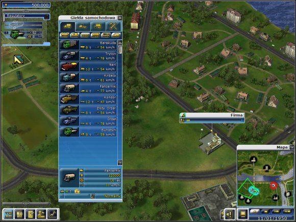 Po kupieniu pojazdów i zatrudnieniu kierowców przechodzimy do fabryki ciężkiego sprzętu (w górnej części mapy) i wybieramy z dostępnych ofert przewozu tą, która najbardziej pasuje do naszego samochodu i opłaca się - Poziom 2 - Leśna rzeka | Truck Tycoon - Truck Tycoon - poradnik do gry