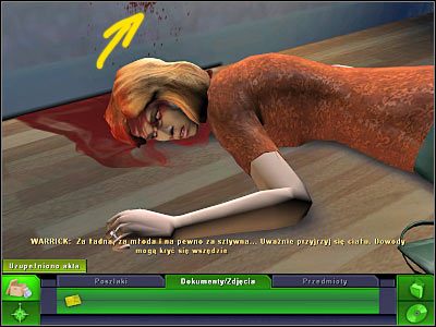 Jeszcze raz kliknij na znajdującej się na ścianie plamie krwi, tak aby móc dokonać wyboru prawidłowego narzędzia z rozwijanego menu - Galeria sztuki: Miejsce zbrodni, (1) | Śledztwo 1 | CSI 3 Wymiary Zbrodni - CSI: 3 Wymiary Zbrodni - poradnik do gry