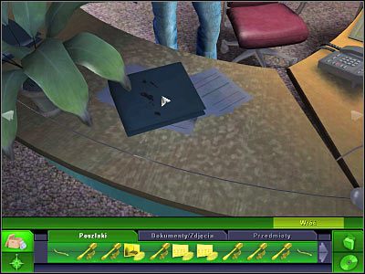 Po dokonaniu maksymalnego zbliżenia (prospekt powinien zajmować prawie cały ekran) otwórz rozwijane menu i wybierz z niego (kategoria wykrywania) światło UV - Biuro galerii | Śledztwo 1 | CSI 3 Wymiary Zbrodni - CSI: 3 Wymiary Zbrodni - poradnik do gry