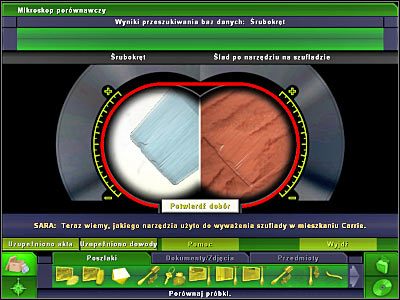 Teraz powinieneś skorzystać z komputera laboratoryjnego, wybierając zakładkę porównywania odcisków palców - Laboratorium #4, Biuro Brassa #4 | Śledztwo 3 | CSI 3 Wymiary Zbrodni - CSI: 3 Wymiary Zbrodni - poradnik do gry