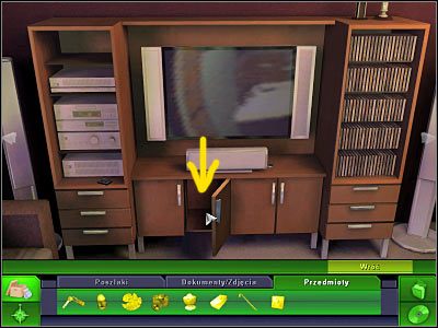 Teraz będziesz musiał kliknąć w przedstawionym na screenie miejscu, na prawo od telewizora - Mieszkanie Michaela #3, Laboratorium #6 | Śledztwo 5 | CSI 3 Wymiary Zbrodni - CSI: 3 Wymiary Zbrodni - poradnik do gry