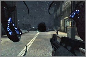 Odnajdujemy zaciemnione miejsce między metalowymi skrzyniami i stopniowo, jednego po drugim, wykańczamy przeciwników - Rozdział V - Przystań 19 (Pier 19), Lower East Side | The Darkness - The Darkness - poradnik do gry