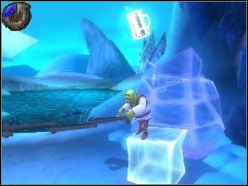 Skieruj się po torach na dół i zniszcz ostatniego bałwana, gdzie znajdziesz pierwszy kubek [1] - [Solucja] Etap 10 - Lodowe Jezioro | Shrek Trzeci - Shrek Trzeci - poradnik do gry