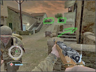 Musisz tu być bardzo ostrożny, gdyż budynek ten najprawdopodobniej będzie strzeżony przez kilku wrogów - Destroy Hill Houses AA Gun (cz.2) | Operation Husky w Medal of Honor Airborne - Medal of Honor: Airborne - poradnik do gry