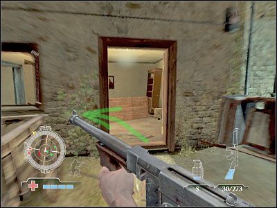 W pierwszej kolejności mógłbyś podejść do przodu, dzięki czemu żołnierze wroga znajdowaliby się po Twojej lewej stronie - Locate Missing Sniper Team | Operation Husky w Medal of Honor Airborne - Medal of Honor: Airborne - poradnik do gry