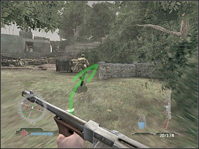 Spróbuj przesunąć się jeszcze bardziej w stronę oznaczonego przez grę budynku - Destroy Radar Antenna Relay (cz.2) | Operation Neptune w Medal of Honor Airborne - Medal of Honor: Airborne - poradnik do gry