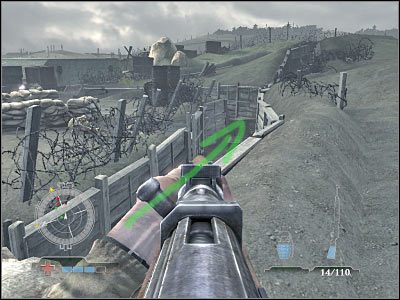 Z okopu będziesz musiał wyjść w przedstawionym na poniższym screenie miejscu - Clear and Secure Pillbox (cz.2) | Operation Neptune w Medal of Honor Airborne - Medal of Honor: Airborne - poradnik do gry