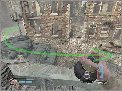 Generalnie nie musisz się tu wykazywać jakąś ogromną precyzją, tym bardziej, iż kolejne granaty będziesz miał praktycznie pod nosem - Knock-out Roving Tiger Tank | Operation Market Garden | Airborne - Medal of Honor: Airborne - poradnik do gry