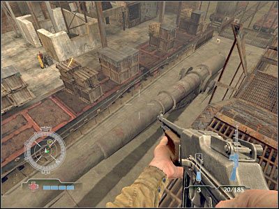 Do działa musisz podejść od zachodniej strony, gdyż to właśnie tu znajdziesz przedstawioną na screenie doskonale znaną ikonkę - Destroy Railgun | Operation Varsity w Medal of Honor Airborne - Medal of Honor: Airborne - poradnik do gry