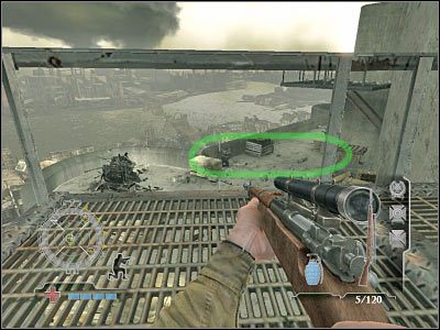 Po wykonaniu opisanych wyżej czynności obróć się i skieruj w stronę oznaczonej strefy - Destroy AA Guns (cz.1) | Operation Der Flakturm w Medal of Honor Airborne - Medal of Honor: Airborne - poradnik do gry