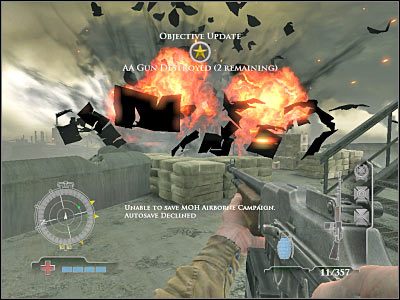 Kolejni wrogowie powinni pojawić się dopiero wtedy, gdy uda ci się dostatecznie zbliżyć do trzeciego już działka - Destroy AA Guns (cz.2) | Operation Der Flakturm w Medal of Honor Airborne - Medal of Honor: Airborne - poradnik do gry