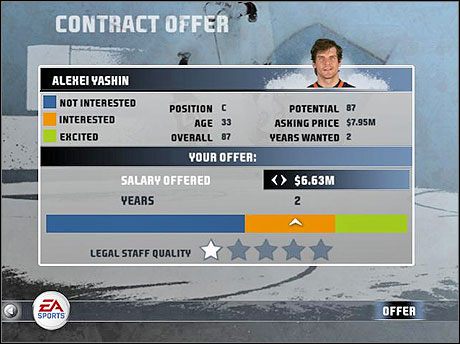 Tak wygląda okno podpisywania kontraktów. - Free Agents, transfery i finanse | Dynasty Mode | NHL 08 - NHL 08 - poradnik do gry
