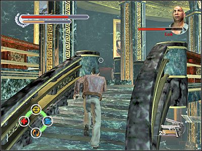 Masz teraz dwa wyjścia - możesz próbować zeskakiwać z balkoników, licząc na to, iż w locie zauważysz bossa, bądź też wracać na dół używając schodów - The Mega Restaurant (6) | Rozdział 3 Stranglehold - Stranglehold - poradnik do gry