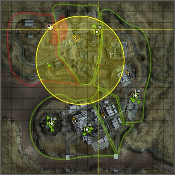 Kolor żółty oznacza zasięg radaru. - Wieżyczki, artyleria, radary | Uzbrojenie | Enemy Territory Quake Wars - Enemy Territory: Quake Wars - poradnik do gry