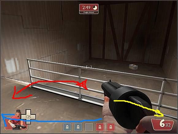 Żółta strzałka - Wskazuje kierunek do galerii przy punkcie 2 (góra) i dolnego poziomu przy punkcie 2 (dół) - Granary - Ważniejsze lokacje (1) | Mapy | Team Fortress 2 - Team Fortress 2 - poradnik do gry