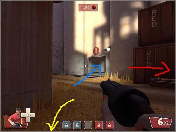 Żółta strzałka - Wskazuje kierunek do punktu kontrolnego 2 - Granary - Ważniejsze lokacje (2) | Mapy | Team Fortress 2 - Team Fortress 2 - poradnik do gry