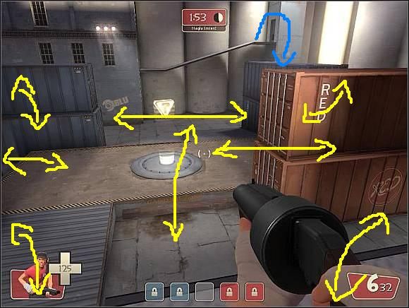 Strzałki żółte - Wskazują przejścia - Granary - Ważniejsze lokacje (2) | Mapy | Team Fortress 2 - Team Fortress 2 - poradnik do gry