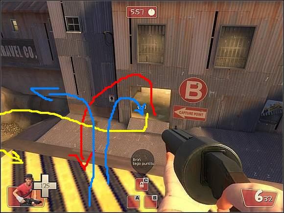 Niebieskie strzałki - Wskazują główne kierunki obrony - Gravelpit - Ważniejsze lokacje (2) | Mapy | Team Fortress 2 - Team Fortress 2 - poradnik do gry