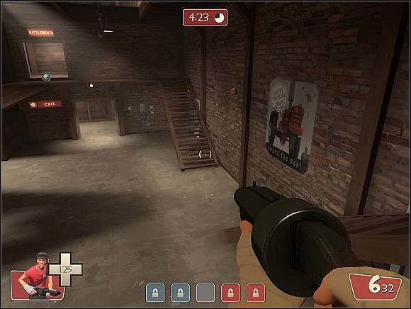 Na powyższym obrazku widać drewniane schody, które prowadzą do górnej galerii - Well - Ważniejsze lokacje (1) | Mapy | Team Fortress 2 - Team Fortress 2 - poradnik do gry