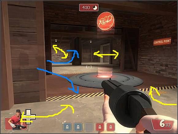 Żółte strzałki - Wskazują przejścia - Well - Ważniejsze lokacje (2) | Mapy | Team Fortress 2 - Team Fortress 2 - poradnik do gry