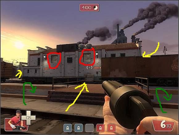 Żółte strzałki - Wskazują kierunki prowadzące do budynku z punktem neutralnym - Well - Ważniejsze lokacje (2) | Mapy | Team Fortress 2 - Team Fortress 2 - poradnik do gry