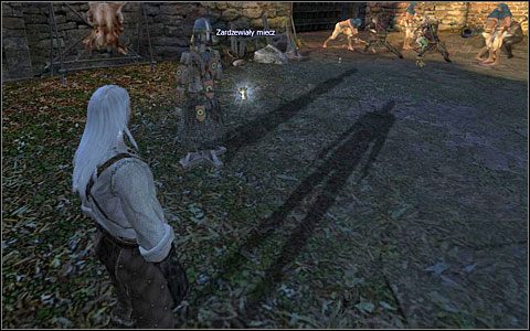 Wyjmij Zardzewiały miecz ze stojącego obok Ciebie manekina i podbiegnij do walczących - Dziedziniec Kaer Morhen (1) | Prolog | Solucja Wiedźmin - Wiedźmin - poradnik