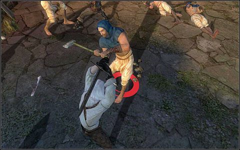 Gdy nakierujesz kursor na przeciwnika, zmieni on kształt na symbol miecza, a pod stopami przeciwnika pojawi się czerwony okrąg - Dziedziniec Kaer Morhen (1) | Prolog | Solucja Wiedźmin - Wiedźmin - poradnik