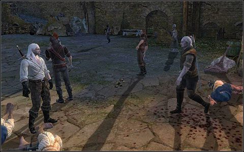 Gdy wszyscy bandyci zostaną pokonani - po odsłuchaniu krótkiego dialogu - ruszaj za wiedźminami na górny dziedziniec, zaczekają na Ciebie przy wejściu (M1 - Dziedziniec Kaer Morhen (1) | Prolog | Solucja Wiedźmin - Wiedźmin - poradnik