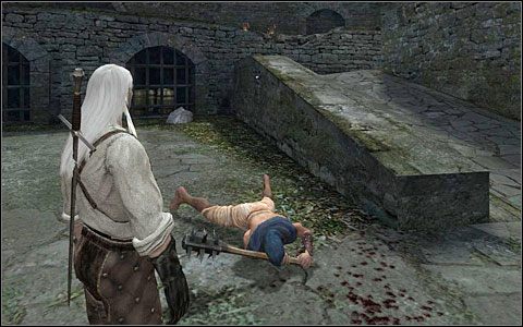 Pod koniec kolejnej scenki przerywnikowej Vesemir poleci Ci otworzyć bramę (M1 - Dziedziniec Kaer Morhen (1) | Prolog | Solucja Wiedźmin - Wiedźmin - poradnik