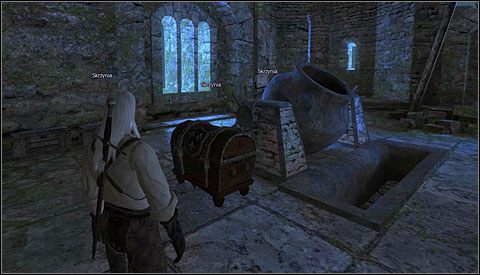 W zbrojowni znajdziesz trzy skrzynie, ale najbardziej interesować Cię będzie ta (M4 - Wnętrze Kaer Morhen - piętro | Prolog | Solucja Wiedźmin - Wiedźmin - poradnik