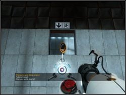 Wciśnij czerwony guzik, po czym strzel w ścianę widoczną za otwartymi drzwiami tworząc jeden z portali - Pomieszczenie testowe nr 11 | Portal - Portal - poradnik do gry