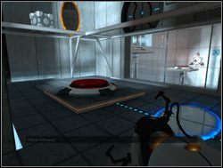 Wejdziesz do pomieszczenia z czerwonym przyciskiem i kostką umieszczoną na balkoniku - Pomieszczenie testowe nr 13 | Portal - Portal - poradnik do gry