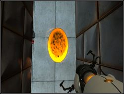 Na końcu korytarza stwórz pomarańczowy portal w ścianie w miejscu oznaczonym czarnym punktem - Pomieszczenie testowe nr 17 | Portal - Portal - poradnik do gry