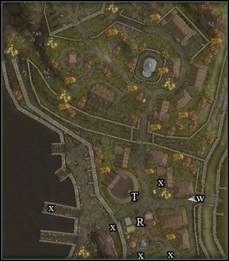 Twoim celem jest budynek teatru w centrum (T), ale póki co masz chwilę czasu, więc proponowałbym zebrać skarby, a następnie udać się na rynek (R) i zakupić trochę magicznych mikstur - Miasto Mulsantir, cz. 1 | Akt I Neverwinter Nights 2 Maska Zdrajcy - Neverwinter Nights 2: Maska Zdrajcy - poradnik do gry