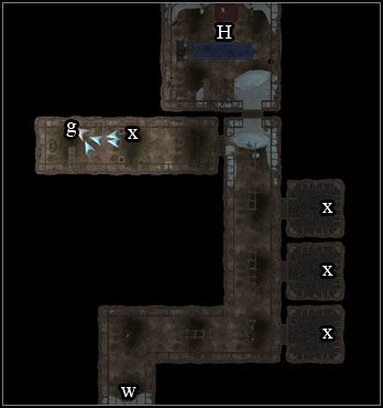 Na początek opróżnij skrzynie na wschodzie, a następnie udaj się do zachodniego pomieszczenia i zabierz złoto (g) z piedestału - Opuszczona Kopalnia | Akt II Neverwinter Nights 2 Maska Zdrajcy - Neverwinter Nights 2: Maska Zdrajcy - poradnik do gry