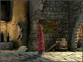 Skierowawszy się w stronę zaułku (róg kamienicy po lewej), chłopak penetruje stojącą tam beczkę pełną śmieci, wśród których znajduje plan zamku - Uratować Magiczne Królestwo cz.6 | Simon the Sorcerer 4 - Simon the Sorcerer 4 - poradnik do gry