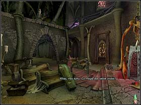 brzegowi rzeki i przybija do pomostu nieopodal wozu trupy aktorskiej i ambony dla myśliwych - Wydostać króla i sobowtóra z Krainy Umarłych | Simon the Sorcerer 4 - Simon the Sorcerer 4 - poradnik do gry