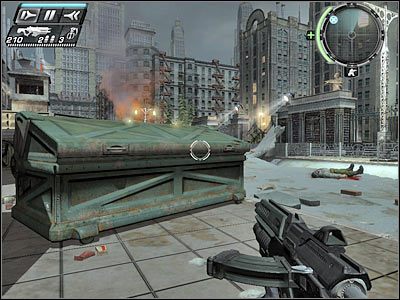 Spróbuj zabić kilku bliżej rozstawionych wrogów, ostrożnie wychylając się zza kontenera - Etap 4 - Infiltration cz.1 | TimeShift - TimeShift - poradnik do gry